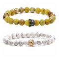 Detail of 8mm natural stone bracelets featuring gold and black micro-paved crown beads - White Turquoise Crown & Yellow Emperor Stone Gun Black Crown