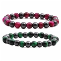 Tiger eye and hematite beaded bracelets set in rose red and emerald green stones - Two-Piece Set / Combination 1