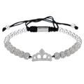Silver crown beaded bracelet with white zircon pave setting and adjustable black cord - Crown Silver