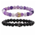 Stone bead couple bracelets with crown charms featuring lava and agate textures - Purple Agate & Black Lava Stone Gold-Tone Crown Set (Set 1)