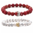 Braccialetti di perle da 8mm in pietra imperatore e turchese bianco con corone - Turchese Corona E Pietra dell'Imperatore Rossa Corona Argento