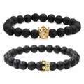 Matte black agate and lava stone bead bracelet set with gold cubic zirconia crowns - Volcanic Stone Gold Crown Set