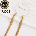 Close-up of 10-piece gold 304 stainless steel hammer-round necklace chains with lobster clasps - Gold