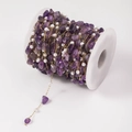 Detail of DIY jewelry chain with purple crystal stone and white pearls on gold wire spool - Purple