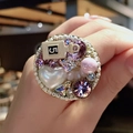 Anillo barroco dorado con perla de corazón, cristales púrpuras y colgante de perfume nº 5 - Morado