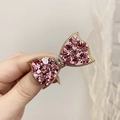 Pink rhinestone bow hair tie with gold base and sparkling crystals for ponytails - Pink