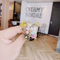 Baroque pearl hair tie with pink flower, crystals, and gold bee on black elastic band - Champagne