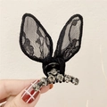 Pinza para el cabello con orejas de conejo en encaje y diamantes para estilo dulce - Pinza de Garra Tamaño Pequeño / Negro