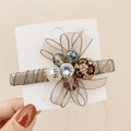 Elegant grey organza bow hair clip with rhinestone and LOVE pearl detail for women - Gray