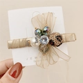 Champagne organza bow hair clip with rhinestone and pearl detail for women - Champagne