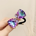 Iridescent crystal bow hair tie with colorful multifaceted gems and a black elastic band - Double Layer Crystal Bow / Purple