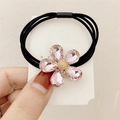 Elastic black hair tie with a pink crystal flower and gold bead on white card - Pink Crystal Flower