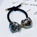 Premium black hair tie with grey crystal bow and gold metal accents for women - Double Layer Crystal Bow / Gray