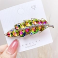 Leaf shaped duckbill hair clip with iridescent AB crystals on a golden base - Volcano Color