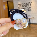 Pink rhinestone heart hair tie with bee charm and pearls on double black elastic rope - Heart Pink