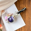 Fermaglio per capelli con perla viola rose in resina e strass su tessuto nero - Fermaglio a Molla Viola