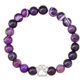 Close-up of 10mm purple agate beads and silver metal paw print charm on the bracelet - Purple Banded Agate