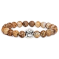Macro detail of 10mm natural stone beads with vintage silver dog paw charm bracelet - Picture Jasper