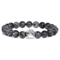 Macro detail of natural grey stone beaded bracelet featuring a silver dog paw charm - Larvikite