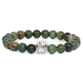 Macro detail of 10mm natural stone beads and silver metal dog paw charm on beaded bracelet - African Pine Stone