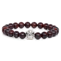 Close-up of 10mm dark red stone beads bracelet with a vintage silver paw print charm - Red Tiger Eye