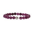 Macro shot of purple beaded bracelet with detailed silver seashell charm on white background - Synthetic Amethyst and Shell