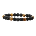 Macro detail of elastic bracelet with matte hematite, lava stone, and tiger eye beads - Lava And Matte And Gold Tiger Eye
