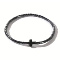 Detailed view of elastic beaded bracelet featuring black cylinder stones and a cross pendant - 4MM Bone Beads + Cross