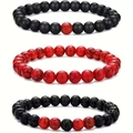Three-piece beaded bracelet set with matte black, red marble, and volcanic lava stones - Red Turquoise Matte Black Lava