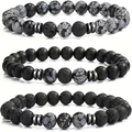 Set aus drei Perlenarmbändern aus Naturvulkanstein, Schneeflocken-Obsidian und Achat - Schneeflockenstein-Stil