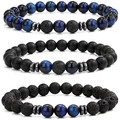 Macro detail of natural tiger eye and lava stone beaded bracelets set for men - Blue Tiger Eye Stone Style