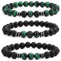 Macro detail of beaded bracelets featuring tiger eye, malachite, and black lava stone textures - Green Tiger Eye Style