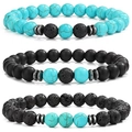 Detailed macro view of three beaded bracelets with turquoise, lava rock, and matte beads - Blue Turquoise Style