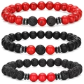 Detail of beaded bracelet set with red marble stone and black lava rock textures - Red Turquoise Style