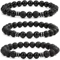 Detail of beaded bracelet set featuring black onyx, lava stone, and metallic spacers - Polished Stone Style