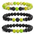 Detailed macro view of 3-piece beaded bracelet set with tiger eye and volcanic stone - Imperial Jasper Style