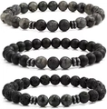 Detail of natural lava rock and matte onyx beaded bracelets with metallic spacers - Black Flash Ore Style