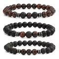 Detailed view of beaded bracelet set with tiger eye, lava rock and matte agate stones - Red Tiger Eye Style