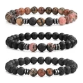 Three-piece beaded bracelet set featuring lava stone, matte onyx, and tiger eye gemstone beads - Black Line Red Vein Style
