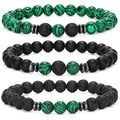 Close-up of three beaded bracelets with malachite, matte black stones and lava rock - Green Malachite Style