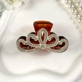 Pince à cheveux vintage en résine ambrée avec couronne dorée et strass brillants - Marron avec Strass Blancs