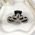 Grande pince à cheveux couronne noire avec motifs de strass vintage pour femmes - Noir Avec Strass Blancs