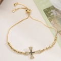 Bracelet ajustable plaqué or 18 carats avec croix ornée de zircons noirs et blancs - Style Croix Zirconia Noir et Blanc Alterné (32454) / Or