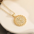 Religious 18K gold plated St. Benedict medal necklace with hollow round geometric border - St. Benedict Style (25642)