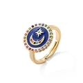 Detailed macro view of 18K gold star and moon ring with blue enamel and colorful zircons - Adjustable Open / Blue Enamel Style (10428)