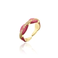 Detail of 18K gold plated ring with pink enamel and sparkling white zircon accents - Rose Pink Style (11070)