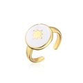 Detaillierte Nahaufnahme eines weiß emaillierten Goldsternrings mit verstellbarem Band - Einstellbar Offen / Weißer Sternenstrahl (11128)