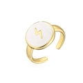 Detail view of adjustable gold ring with white enamel and golden lightning bolt symbol - Adjustable Open / Black Lightning (11133)
