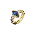 Detail view of gold open ring with marquise blue stone and multi-colored zircon stones - Adjustable Open / Deep Blue Style (11117)