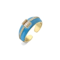 Detail of sky blue enamel gold-plated ring with central baguette and round zircon accents - Adjustable Open / Sky Blue Enamel Style (11323)